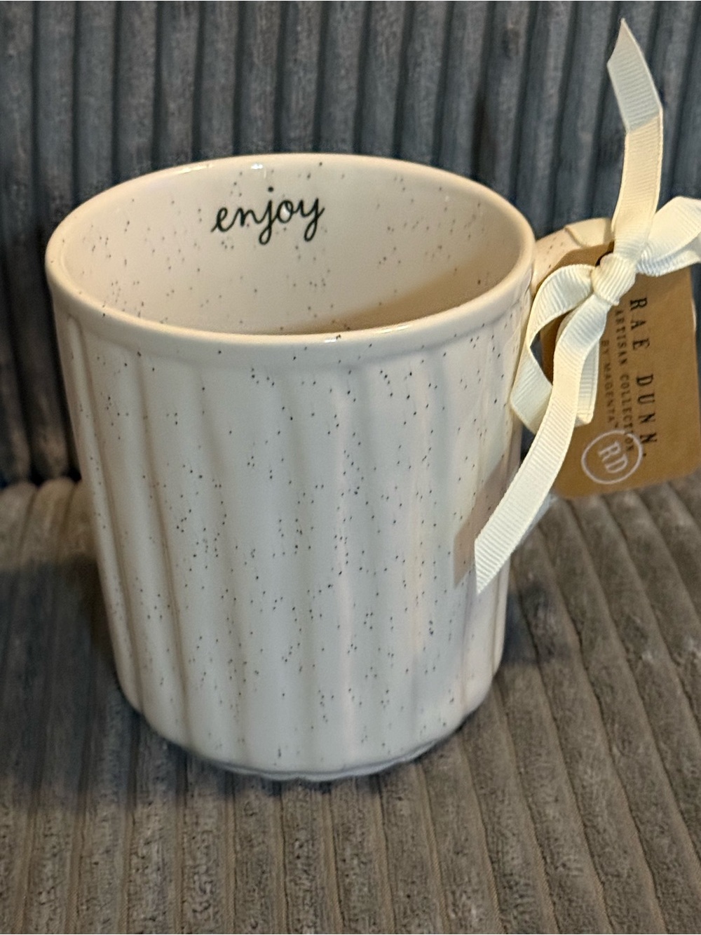 Rae Dunn Speckled Ribbed Mug with 'enjoy' Script - Cream
